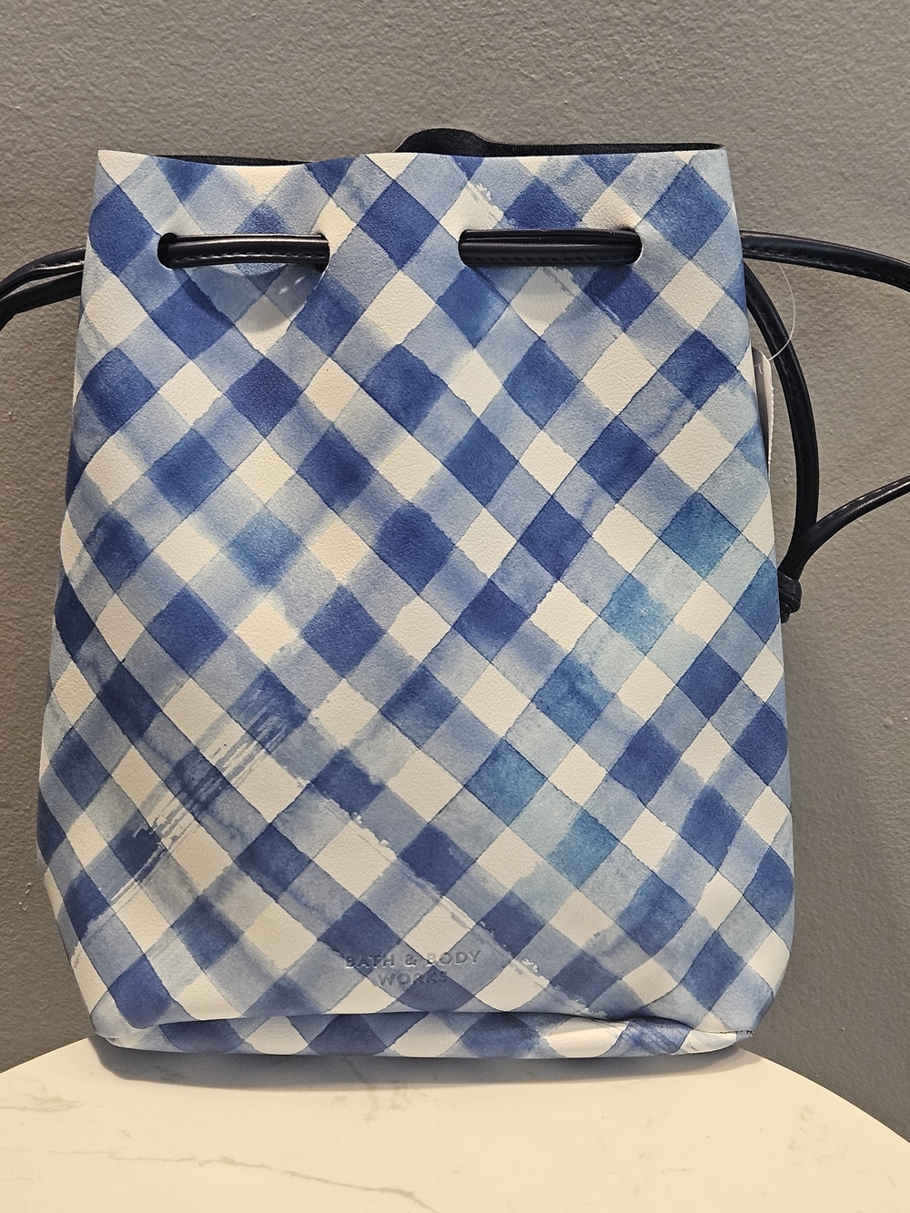 Bath & Body Works Blue and White Gingham Drawstring Mini Bag
